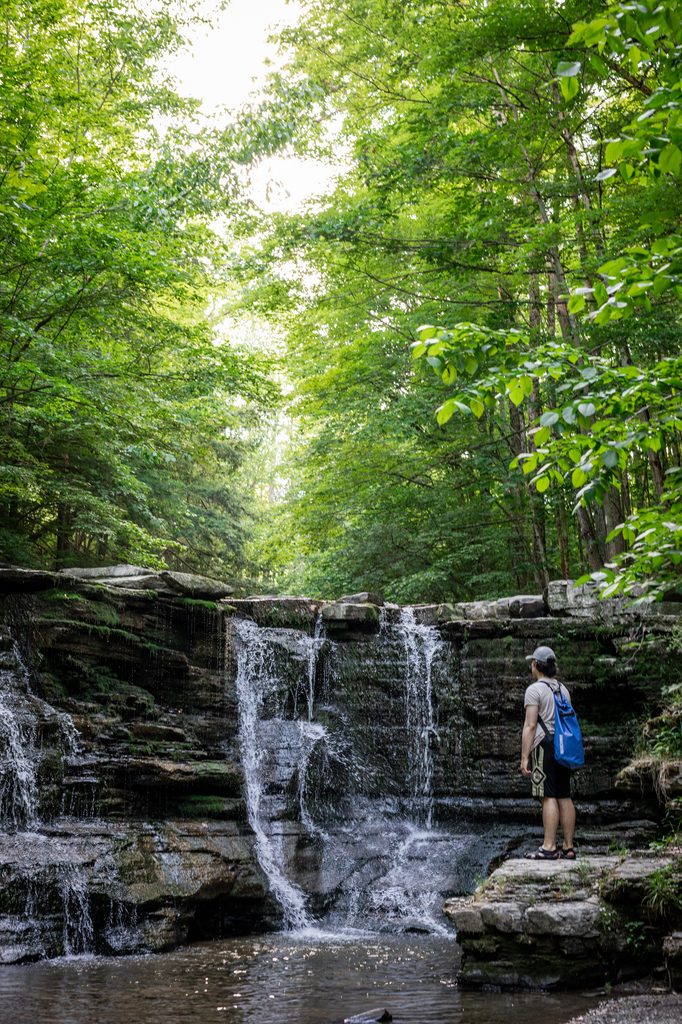 Author facing a waterfall in upstate New York. 3meter waterfall with trees in the background.